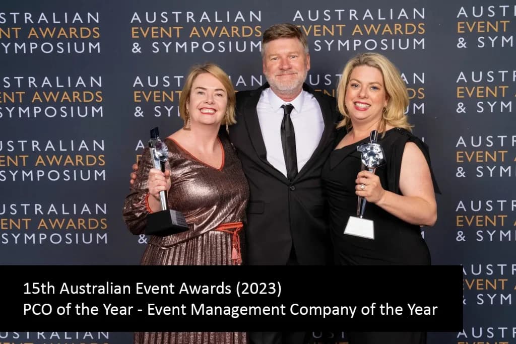 ICMSA team at the 15th Australian Event Awards holding the PCO of the Year and Event Management Company of the Year trophies