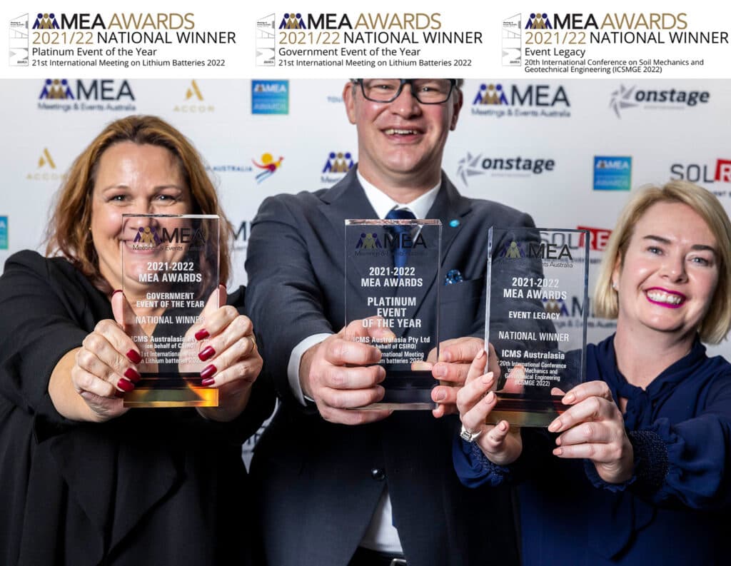 ICMSA team members holding three MEA 2021/22 National Winner trophies
